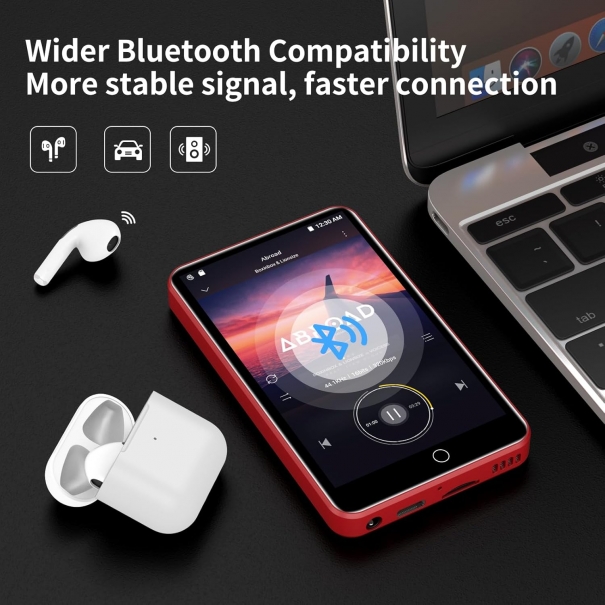 Lettore MP3 con Spotify, lettore MP3 ZAQE 80GB con Bluetooth e WLAN, lettore MP3 con Amazon music, audible, Deezer, touch screen da 4 pollici, lettore MP3, MP4 per bambini (Rosso)