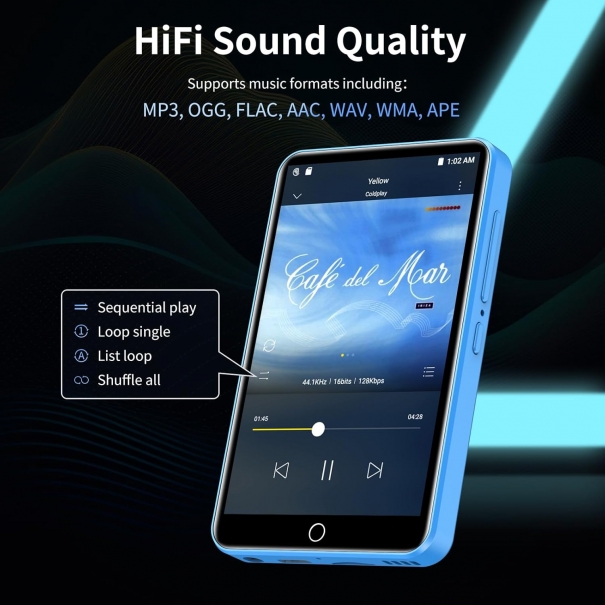 Lettore MP3 con Spotify, lettore MP3 ZAQE 80GB con Bluetooth e WLAN, lettore MP3 con Amazon music, audible, Deezer, touch screen da 4 pollici, lettore MP3, MP4 per bambini (Blau)