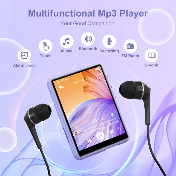 ZAQE Lettore MP3 Bluetooth 5.3, lettore MP3 sportivo da 64 GB, schermo a colori TFT da 2,4 pollici con radio FM, altoparlante, registrazione di linea, suono ad alta fedeltà, supporto 128 GB (viola) [B003AL177]