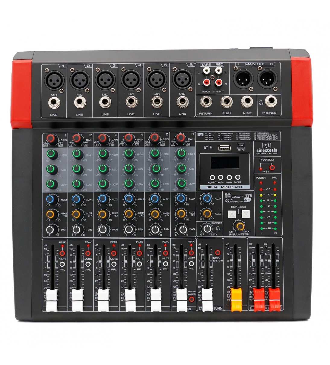 EVOMIX-06-USB Mixer/Scheda Audio 6 canali, multieffetto DSP, interfaccia USB, lettore Mp3, Bluetooth