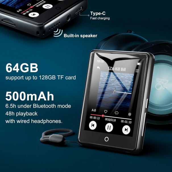 Lettore MP3 da 64 GB, Bluetooth 5.3, touchscreen da 2,8", musica HiFi portatile, lettore MP3 per bambini, con altoparlante, 18 suoni rilassanti, durata della batteria fino a 45 ore, radio FM, supporto [B003AM180]