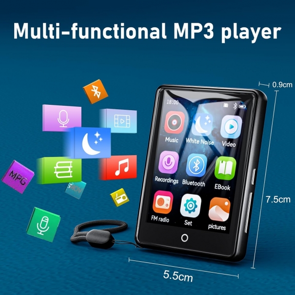Lettore MP3 da 64 GB, Bluetooth 5.3, touchscreen da 2,8", musica HiFi portatile, lettore MP3 per bambini, con altoparlante, 18 suoni rilassanti, durata della batteria fino a 45 ore, radio FM, supporto [B003AM180]