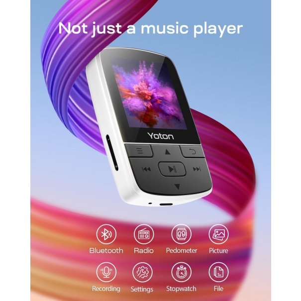 Lettore Musicale Bluetooth 64GB, Mini MP3 Sportivo Portatile con Clip, Suono HiFi Senza Perdita, Radio FM, Cronometro, Registratore, Contapassi, Ecc., con Auricolari, Bianco
