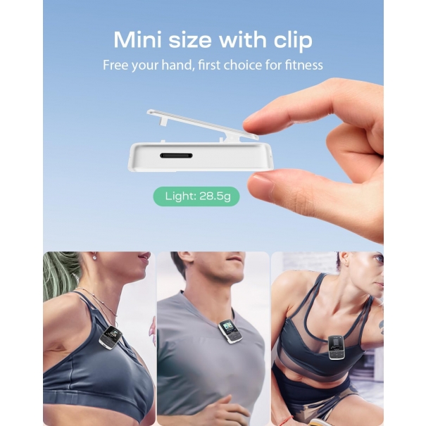 Lettore Musicale Bluetooth 64GB, Mini MP3 Sportivo Portatile con Clip, Suono HiFi Senza Perdita, Radio FM, Cronometro, Registratore, Contapassi, Ecc., con Auricolari, Bianco