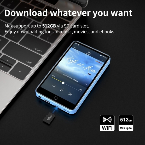 Lettore MP3 con Spotify, lettore MP3 ZAQE 80GB con Bluetooth e WLAN, lettore MP3 con Amazon music, audible, Deezer, touch screen da 4 pollici, lettore MP3, MP4 per bambini (Blau)