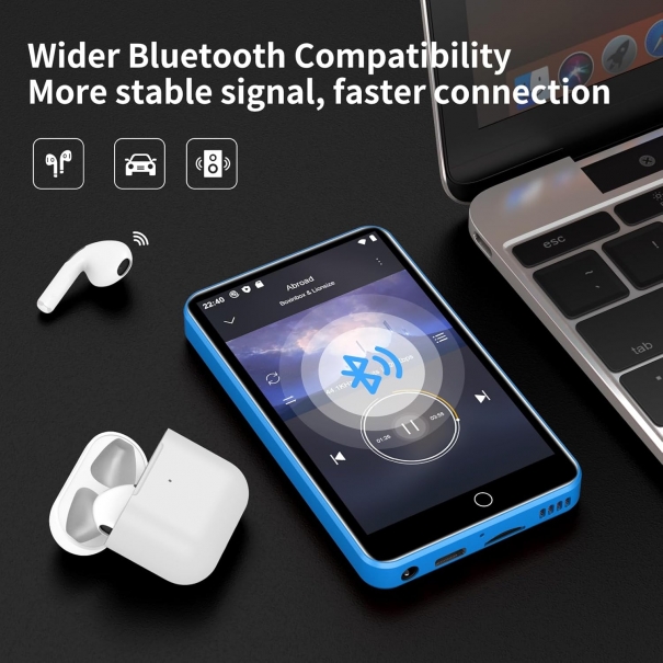Lettore MP3 con Spotify, lettore MP3 ZAQE 80GB con Bluetooth e WLAN, lettore MP3 con Amazon music, audible, Deezer, touch screen da 4 pollici, lettore MP3, MP4 per bambini (Blau)