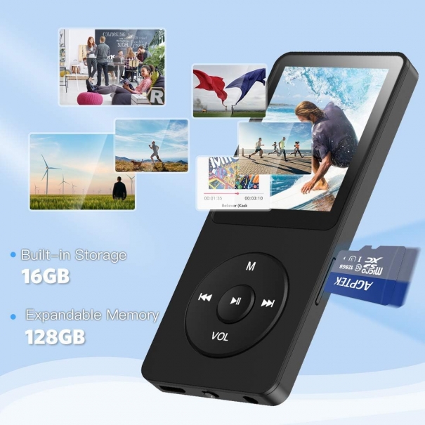 Lettore MP3 Classico 16 GB, Fino a 70 Ore di Autonomia, Schermo da 1,8 Pollici, Design Compatto e Portatile, Riproduzione Musicale HiFi Senza Perdite, Espandibile Fino a 128 GB con Scheda TF