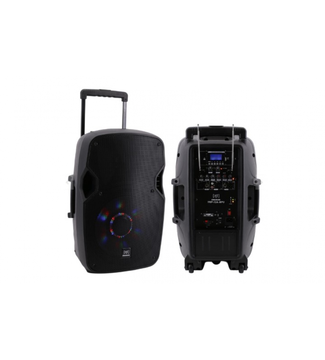 Diffusore Trolley 400W Ricaricabile Woofer da 12' con sistema LED, Display LCD, Player Mp3 (USB/SD), Radio FM, Caricatore USB, Telecomando, 2 Radiomicrofoni, Echo e TalkBack