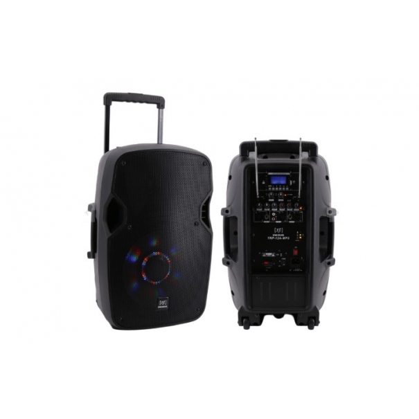 Diffusore Trolley 400W Ricaricabile Woofer da 12' con sistema LED, Display LCD, Player Mp3 (USB/SD), Radio FM, Caricatore USB, Telecomando, 2 Radiomicrofoni, Echo e TalkBack