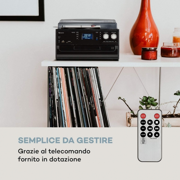 Impianto Stereo Retró, Giradischi, 33/45/78 Giri/Minuto, Lettore CD, Bluetooth, DAB+, FM, Porta USB, Ingresso SD, MP3, Nero