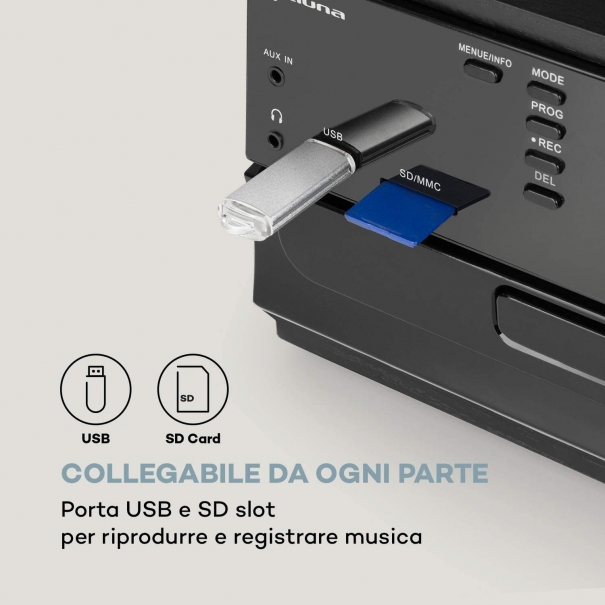 Impianto Stereo Retró, Giradischi, 33/45/78 Giri/Minuto, Lettore CD, Bluetooth, DAB+, FM, Porta USB, Ingresso SD, MP3, Nero