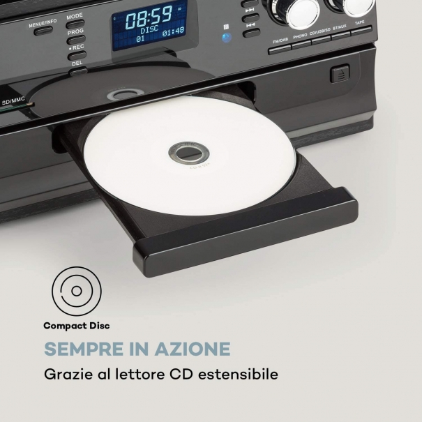 Impianto Stereo Retró, Giradischi, 33/45/78 Giri/Minuto, Lettore CD, Bluetooth, DAB+, FM, Porta USB, Ingresso SD, MP3, Nero