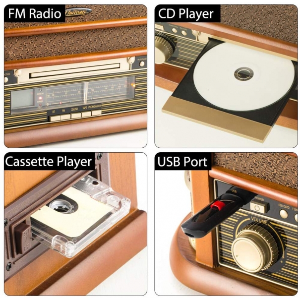 Giradischi 7 in 1 Sistema Musicale Legno ,Giradischi Vinile , Lettore CD , Lettore MP3 ,Giradischi Vintage