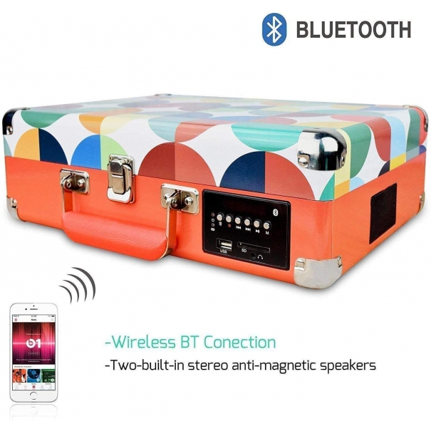 Giradischi Bluetooth a 3 Velocità, Convertitore Portatile