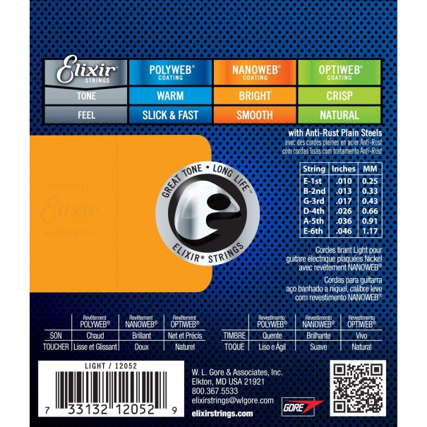 Corde per chitarra elettrica Elixir® Strings con rivestimento NANOWEB®, Light (.010-.046)