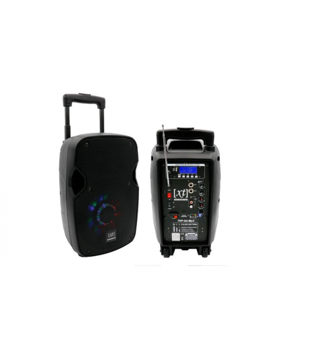 Diffusore Trolley 200W Ricaricabile Woofer da 08' con sistema LED, Display LCD, Player Mp3 (USB/SD), Radio FM, Caricatore USB, Telecomando, 1 Radiomicrofono, Echo