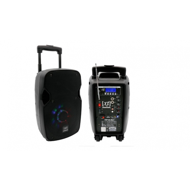 Diffusore Trolley 200W Ricaricabile Woofer da 08' con sistema LED, Display LCD, Player Mp3 (USB/SD), Radio FM, Caricatore USB, Telecomando, 1 Radiomicrofono, Echo