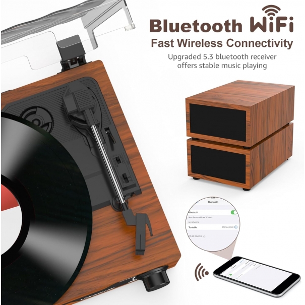 Giradischi con 2 Altoparlanti Stereo Doppi Giradischi Vintage Bluetooth 5.3  Marrone