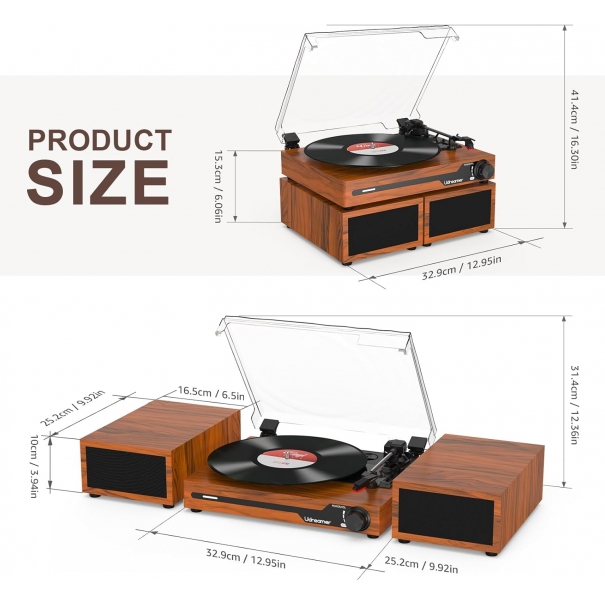 Giradischi con 2 Altoparlanti Stereo Doppi Giradischi Vintage Bluetooth 5.3  Marrone