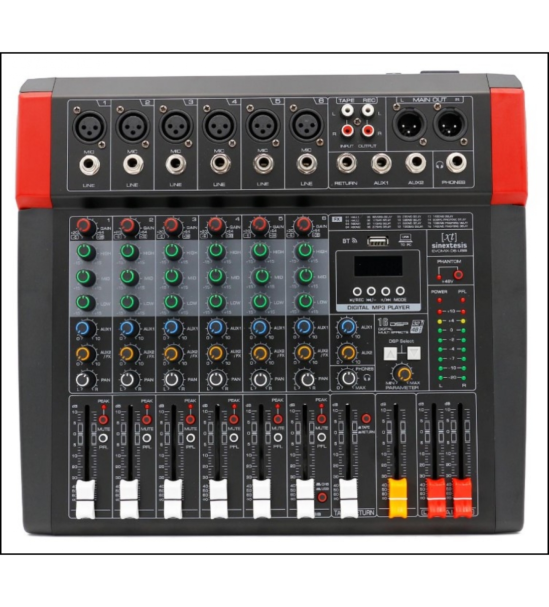 SINEXTESIS Mixer/Scheda Audio 6 canali, multieffetto DSP, interfaccia USB, lettore Mp3, Bluetooth