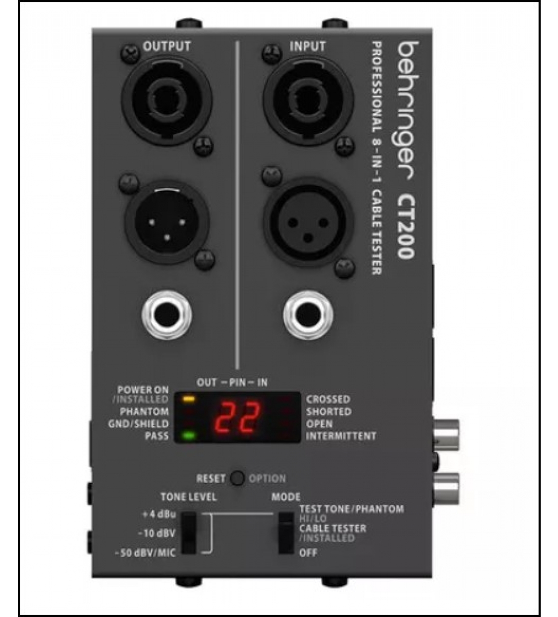 CT200 Cable Tester BEHRINGER controlla XLR, Speakon, TRS (1/4", 1/8"), RCA, RJ45, MIDI e USB