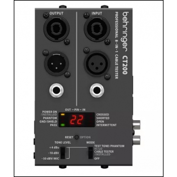 CT200 Cable Tester BEHRINGER controlla XLR, Speakon, TRS (1/4", 1/8"), RCA, RJ45, MIDI e USB