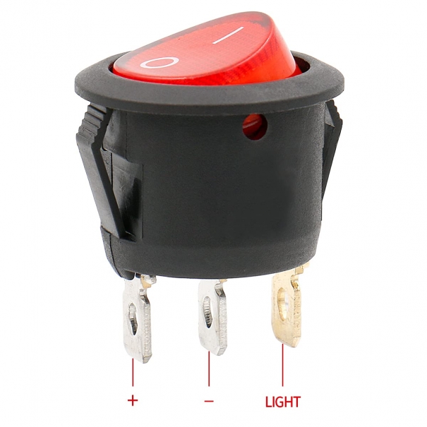 Interruttore a bilanciere rotondo acceso/spento, SPST, 3 terminali con luce rossa, 10 A, 250 V CA