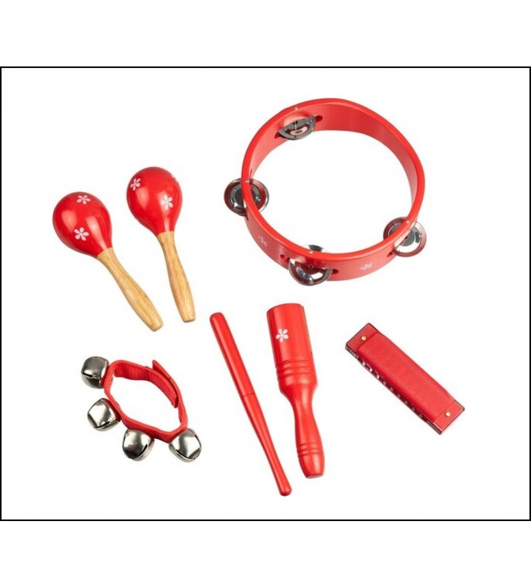 Set di percussioni per bambini comprende tamburello, maracas, jingle, blocco di legno e un'armonica di plastica, colore: rosso